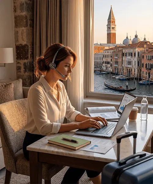 Ilustración: persona trabajando con portátil mientras está de viaje.