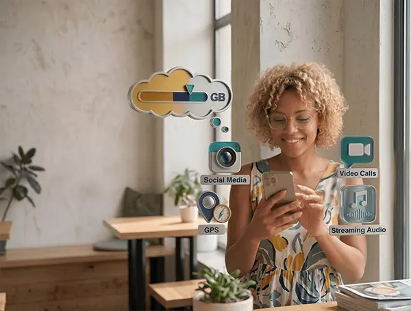 Viajera usando el móvil con datos celulares al aire libre