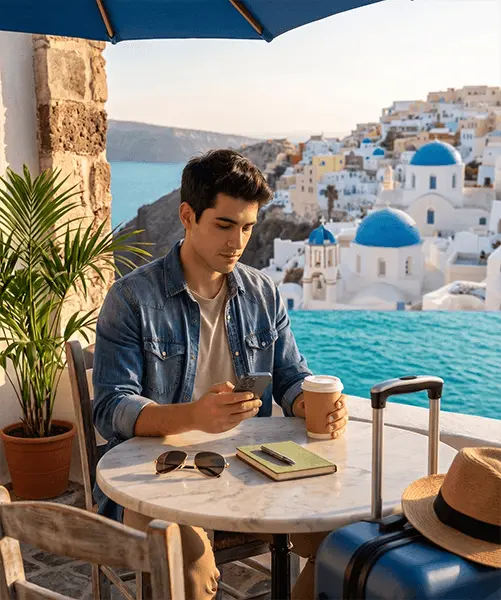 Ilustración: viajero relajado con el móvil en un día ligero fuera.